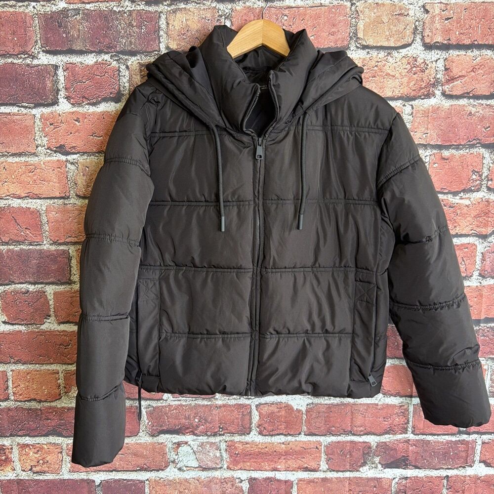 Zara Womens Hooded Puffer Jacket Black Small Full Zip